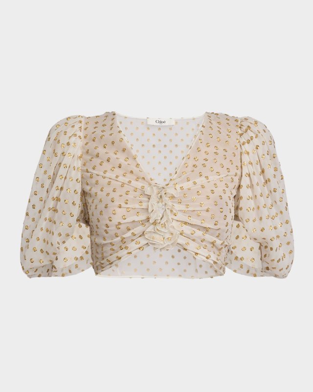 Metallic Polka-Dot Jacquard Puff-Sleeve Crop Top
